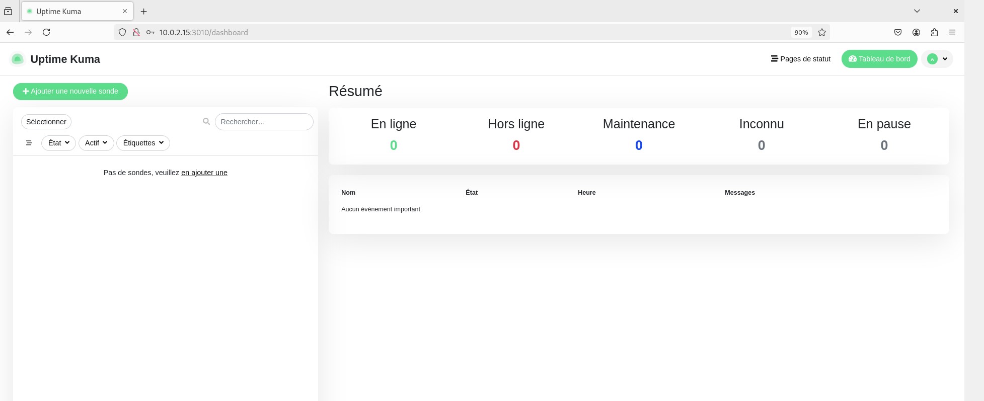 Tableau de bord Uptime Kuma avec sondes